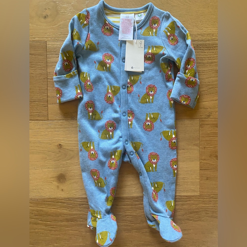 Baby Boden Blue Lion Print Organic Cotton footie 0-3m NWT